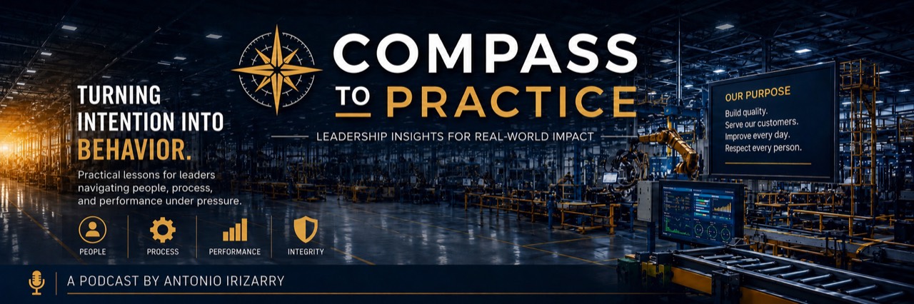 Compass To Practice podcast artwork in an industrial workspace