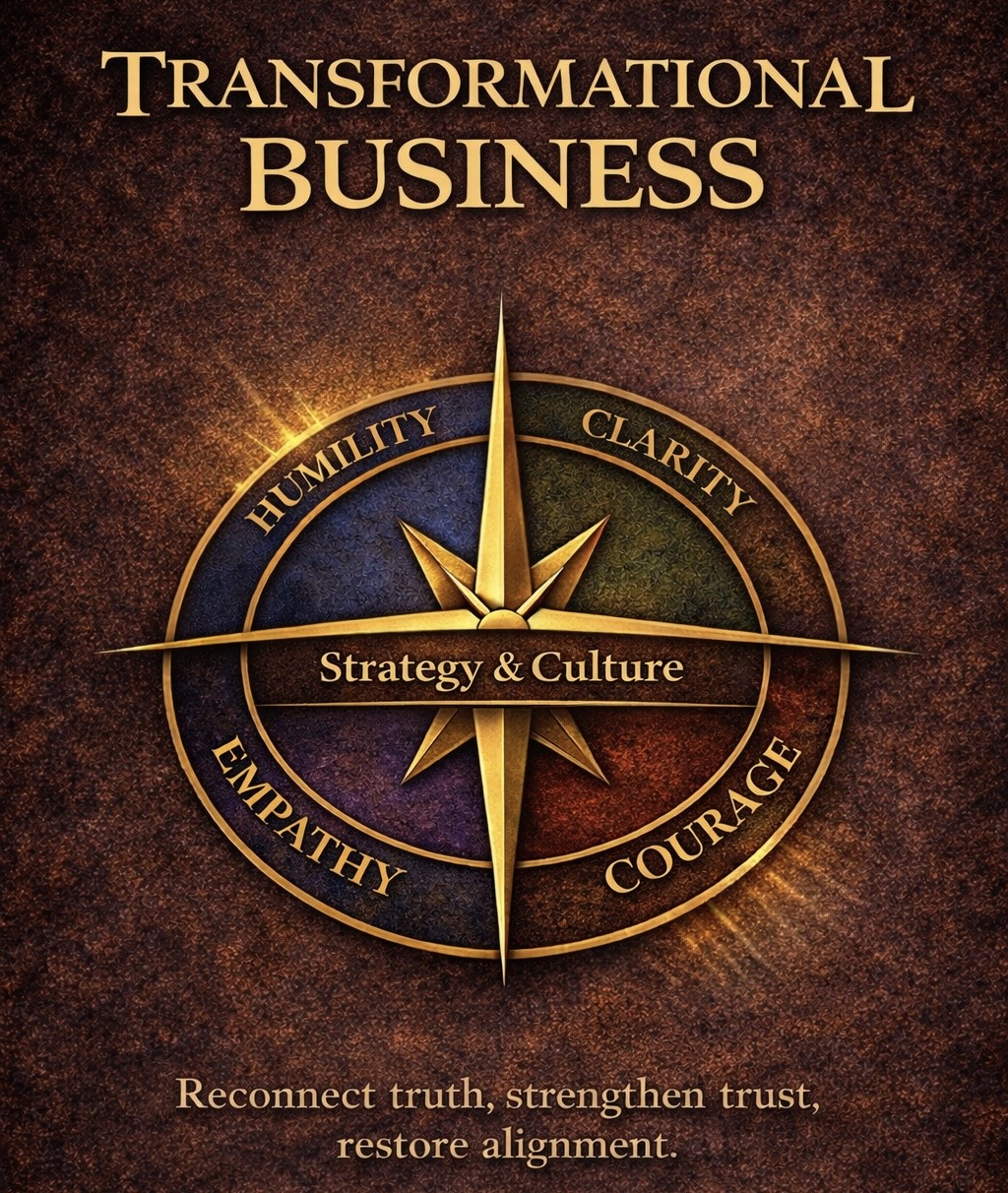 Transformational Business compass model with humility, clarity, empathy, courage, and strategy and culture